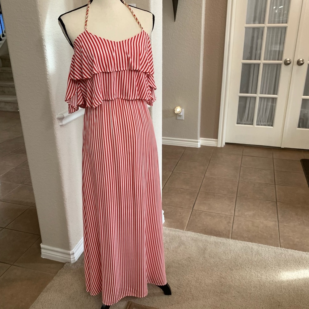 Double Zero red & white stripe ruffled off shoulder maxi halter dress Size S